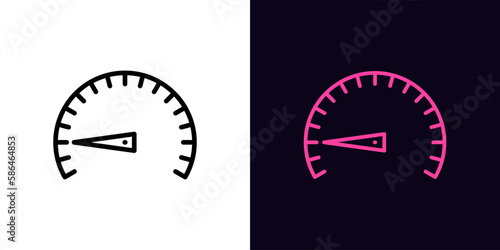 Outline low speed icon, with editable stroke. Speedometer with scale and arrow, slow velocity and low efficiency pictogram. Speed test and indicator, minimal level, bad output capacity.