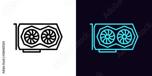 Outline gaming video card icon, with editable stroke. Graphics card with two cooler fans, GPU device pictogram. Graphics processor for PC, device for crypto mining, computer hardware.