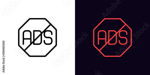 Outline no Ads icon, with editable stroke. Ad ban sign, prohibited advertising pictogram. Ads skip and block, social media content without advertising, anti adware, stop Ad.