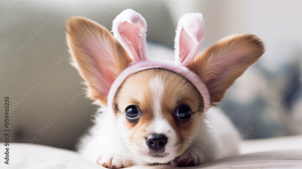 Cute baby puppy with Easter bunny ears easter costume Generative art