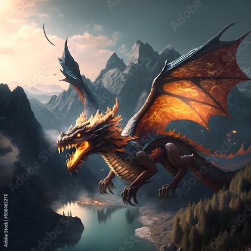 Dragon in the mountains. Generative Ai illustration  © Kevin