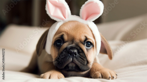 Cute bulldog / French bulldog puppy with bunny ears Easter costume  © Boris