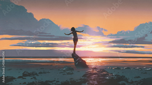 young oman balancing on rock on the beach, digital art style, illustration painting