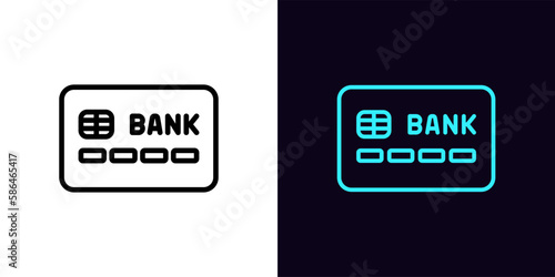 Outline credit card icon, with editable stroke. Bank card with chip, debit card pictogram. Money transfer, bank deposit, virtual card, online payment, remittance, cash back, secure pay.