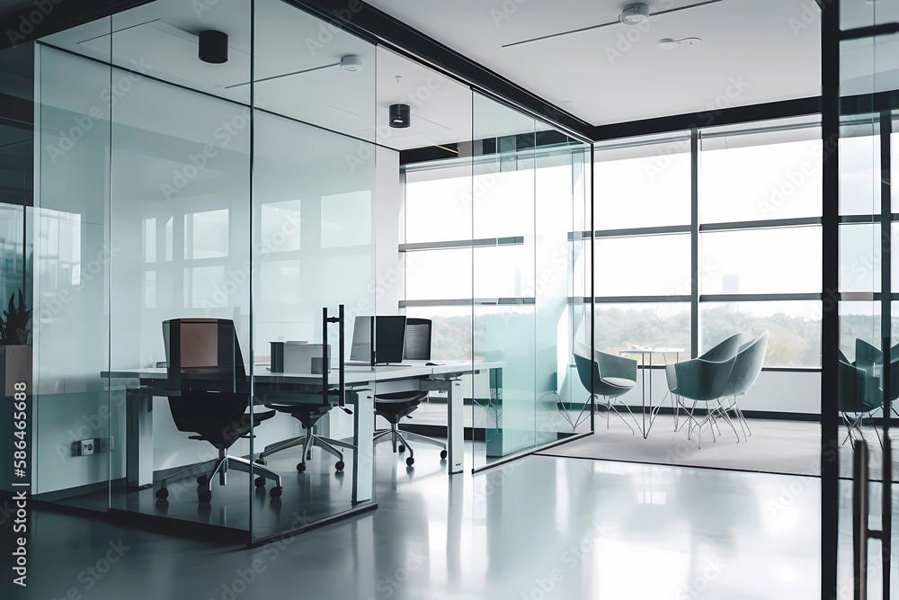 Illustration of modern light office with big windows created with Generative AI technology. Illustration of modern light office with big windows created with Generative AI technology.