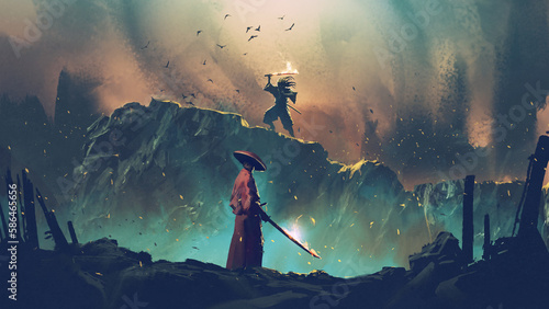 Scene of two samurais in duel on the cliff, digital art style, illustration painting