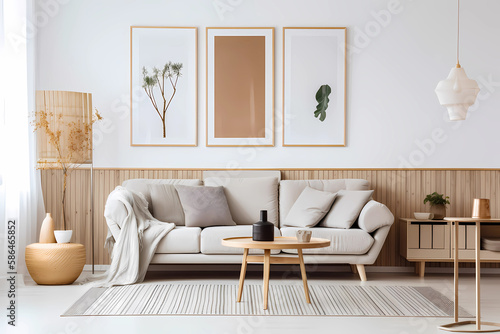 Illustration of modern nordic livingroom with big window created with Generative AI technology.