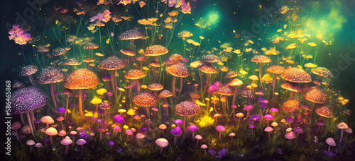 Mushrooms and flowers, midnight aura, night sky, dreamy, glowing, ultra-detailed artistic illustration, Generative AI