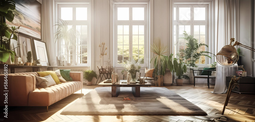 Illustration of modern light apartment with big windows created with Generative AI technology.