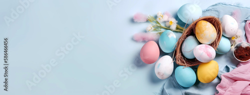 Top view of spring composition with eggs  Easter concept  created with Generative AI technology.
