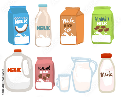 Set of different vegetable milk - almond, rice, coconut, soybeans. Vegan, vegetarian product for cooking food and drink..