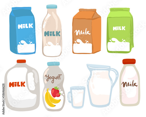 Milk boxes set Vector realistic. Collection of regular milk, oats, soy, rice and almond milk. Realistic illustration sets.