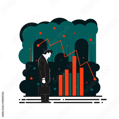 concept of downtrend stock market with a sad businessman chart graph vector. recession concept with downtrend sad businessman down economy. downtrend vector