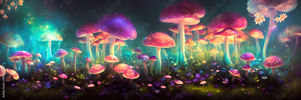 Fototapeta premium Mushrooms and flowers, midnight aura, night sky, dreamy, glowing, ultra-detailed artistic illustration, Generative AI