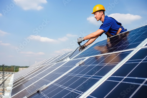 Men technicians installing photovoltaic solar moduls. Generative AI