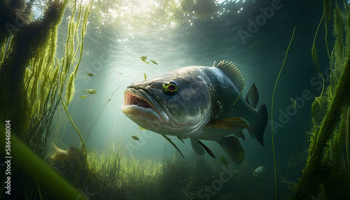 Predatory fish Largemouth bass in habitat under water looking for prey. Sport fishing concept. Generation AI