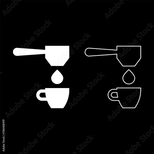 Coffee drop in cup filtering cuping portafilter drip set icon white color vector illustration image solid fill outline contour line thin flat style
