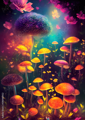 Mushrooms and flowers, midnight aura, night sky, dreamy, glowing, ultra-detailed artistic illustration, Generative AI