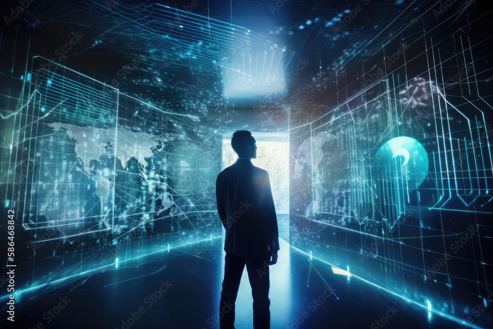 Obraz premium Digital, technology connection, man using a modern, innovative Computer, generative ai