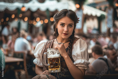 Oktoberfest Tradition. Waitress wearing traditional clothes and holding beers at the festival. German culture and celebration concept. AI Generative photo
