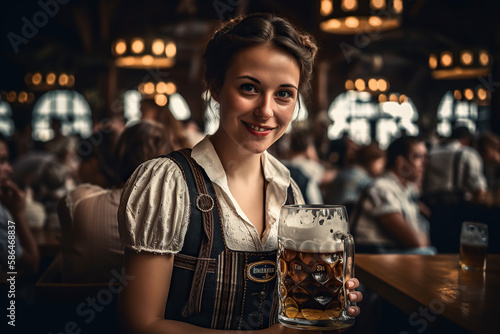 Oktoberfest Tradition. Waitress wearing traditional clothes and holding beers at the festival. German culture and celebration concept. AI Generative
