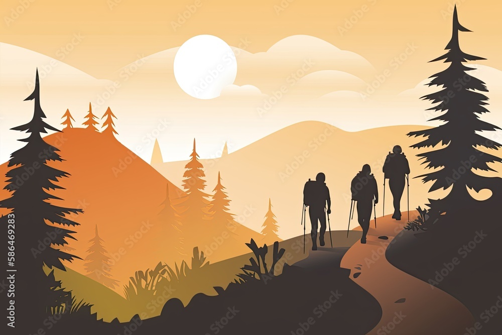 Fototapeta premium A group of friends is hiking on a mountain trail. Generative AI