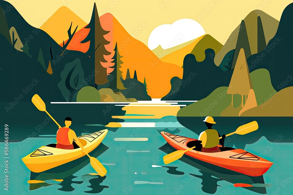A vector graphic of friends kayaking on a river. Generative AI - obrazy, fototapety, plakaty 