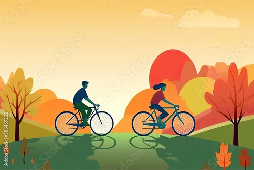 A vector graphic of a couple riding bicycles on a scenic path. Generative AI