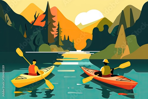 A vector graphic of friends kayaking on a river. Generative AI photo