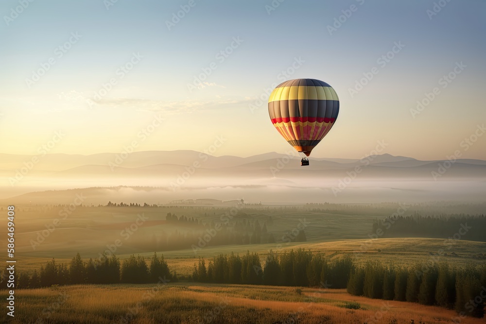 A hot air balloon floating peacefully over a vast landscape. Generative AI