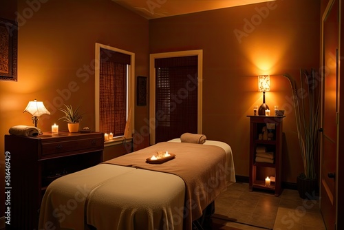 A massage room with dim lighting, soothing music, and a comfortable massage table. Generative AI