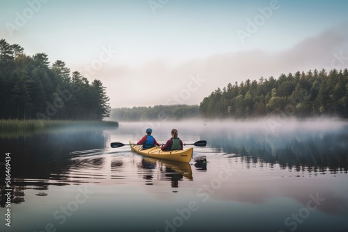 Fotografija A man and woman kayaking on a calm lake. Generative AI