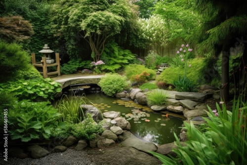 A peaceful and serene garden with a tranquil pond. Generative AI