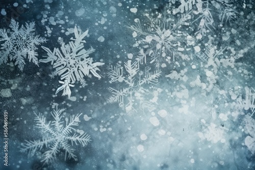 snowflakes on a frosted window with a blurred background. Generative AI