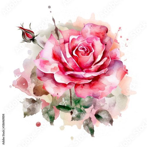 Beautiful watercolor rose on transparent background. Pink and red rose flower for mother day and valentines day postcards and greeting cards. Generative AI.