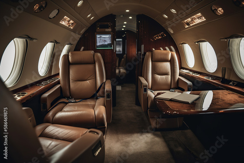 The Ultimate Private Jet Experience. Relax in comfort and luxury on board this spacious airplane. Travel with style and sophistication. AI Generative © Mr. Bolota