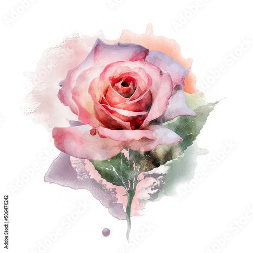 Beautiful watercolor rose on transparent background. Pink and red rose flower for mother day and valentines day postcards and greeting cards. Generative AI.