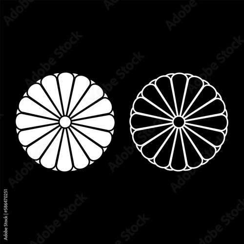 Coat of arms of Japan nippon imperial Seal central disc with 16 petals national emblem set icon white color vector illustration image solid fill outline contour line thin flat style