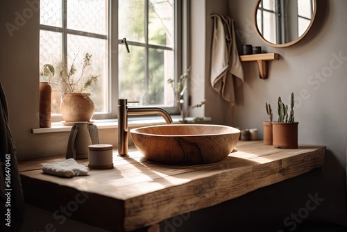rustic wooden bowl sink on a wooden countertop. Generative AI