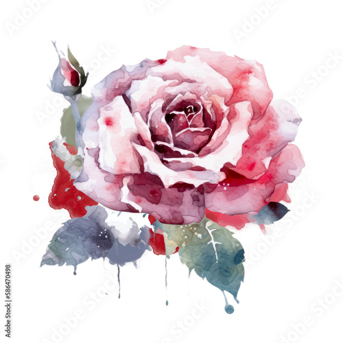 Beautiful watercolor rose on transparent background. Pink and red rose flower for mother day and valentines day postcards and greeting cards. Generative AI.