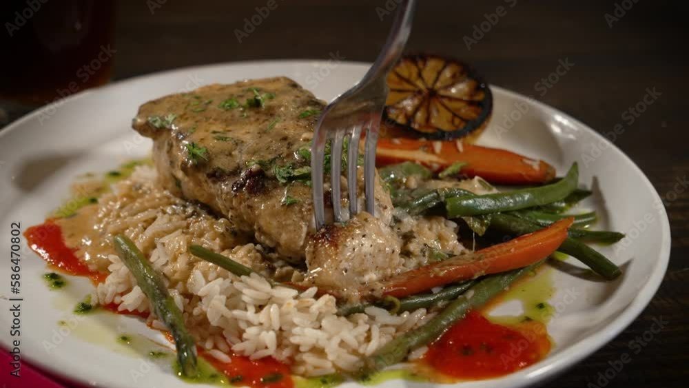 Fork takes a bite of flakey grilled white fish over rice pilaf with roasted vegetables, slow motion close up 4K Fork takes a bite of flakey grilled white fish over rice pilaf with roasted vegetables, slow motion close up 4K
