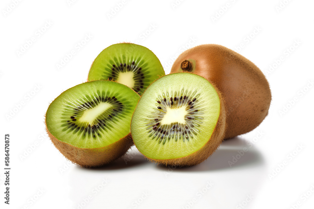 Fresh whole and sliced kiwi isolated on white background. Created with Generative AI Technology Fresh whole and sliced kiwi isolated on white background. Created with Generative AI Technology