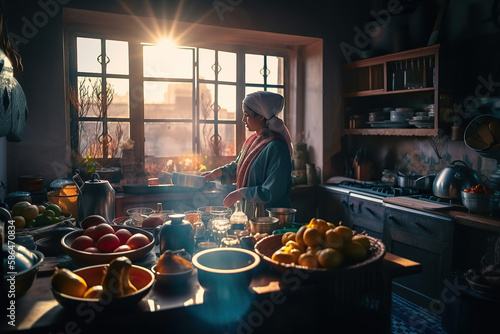 Rustic moroccan kitchen | Moroccan Woman cooking : A Culinary Journey Through Morocco Authentic Flavors, Culture and Tradition - AI Generative 