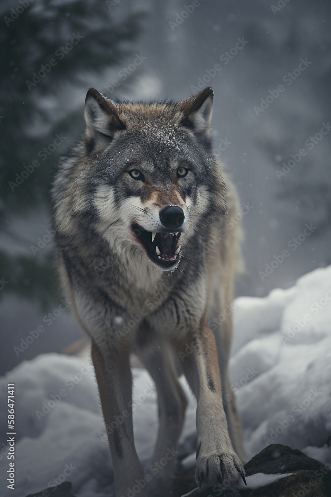 Fototapeta premium Wild Encounter: Iberian Wolf Roaming Through Snowy Forest - AI Generative