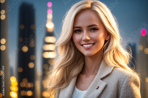 Beautiful woman on the background of the lights of the night city. Generative AI