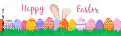 Happy Easter vector illustration on white background. Trendy Easter design with typography, eggs and grass in soft colors for banner, poster, greeting card.