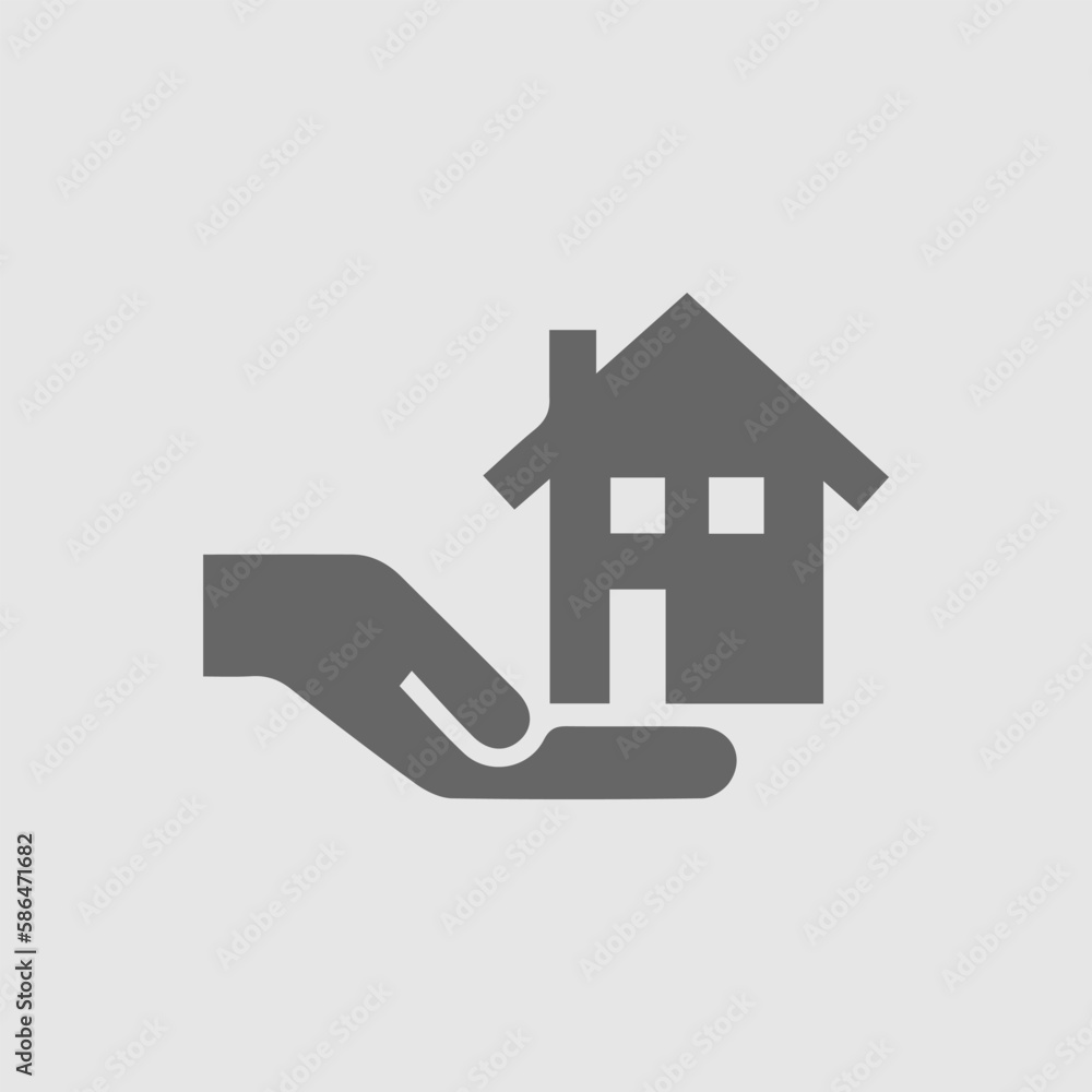 House in hand vector icon. Real estate logo simple isolated sign symbol. Black illustration on grey background. House in hand vector icon. Real estate logo simple isolated sign symbol. Black illustration on grey background.