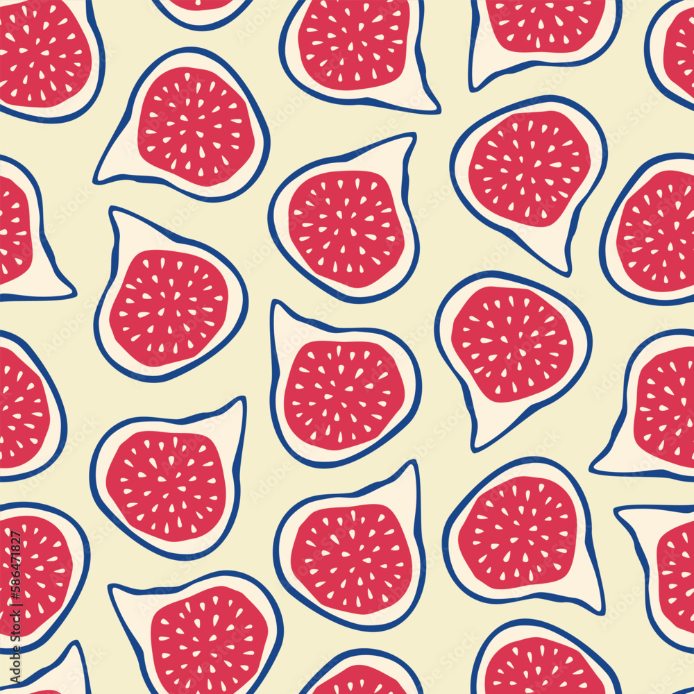 Fresh fig fruit hand drawn vector illustration in flat style. Colorful summer seamless pattern fabric or wallpaper. Fresh fig fruit hand drawn vector illustration in flat style. Colorful summer seamless pattern fabric or wallpaper.
