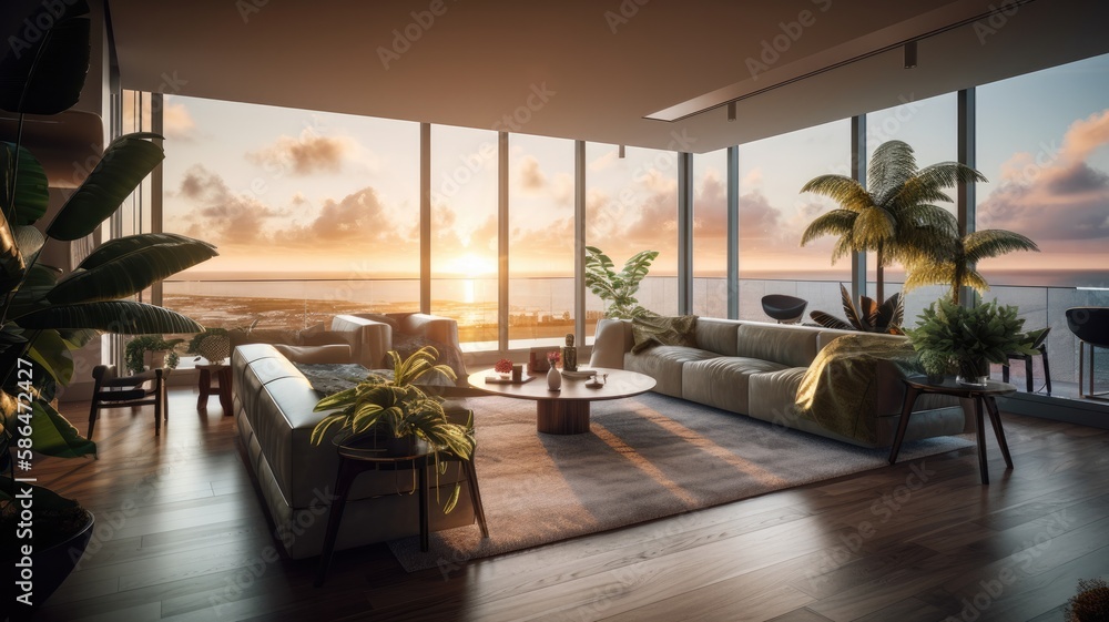 Modern living room interior, windows overlooking the Sea at sunset. Showcase the elegant design, comfortable seating, and stylish decor. Generative AI Technology 