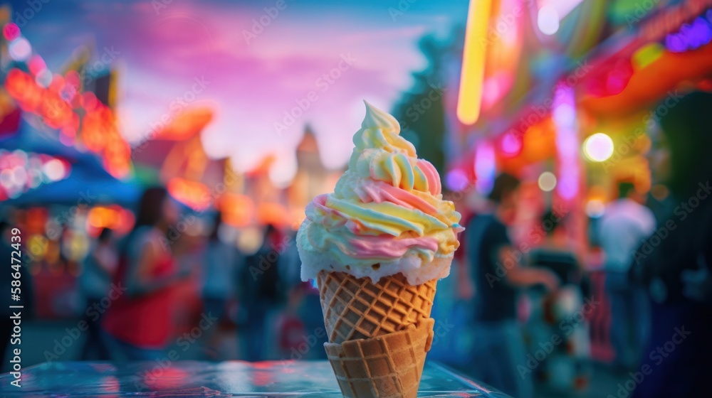 Hand holding a cone of soft ice cream with bokeh background at carnival. Generative AI.